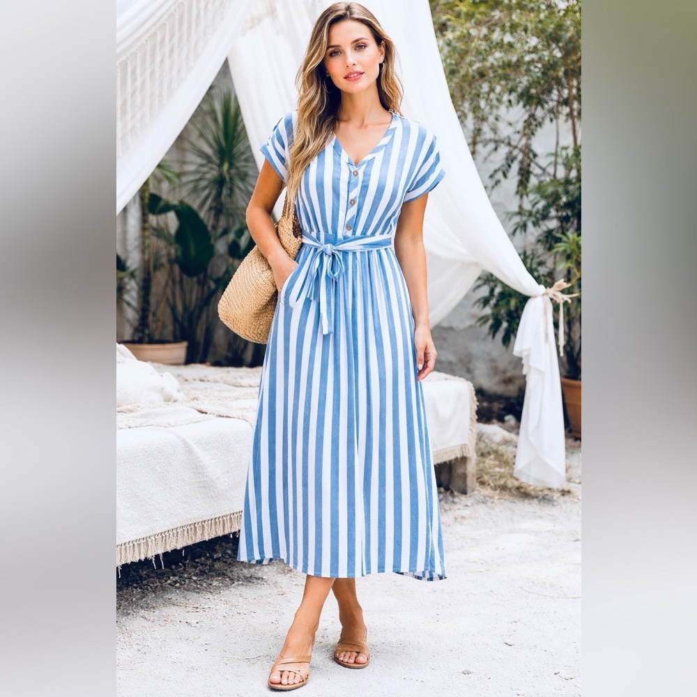 Citrus & Lemon Striped Button Front Dress Rayon Full Lined M Women's NWT…